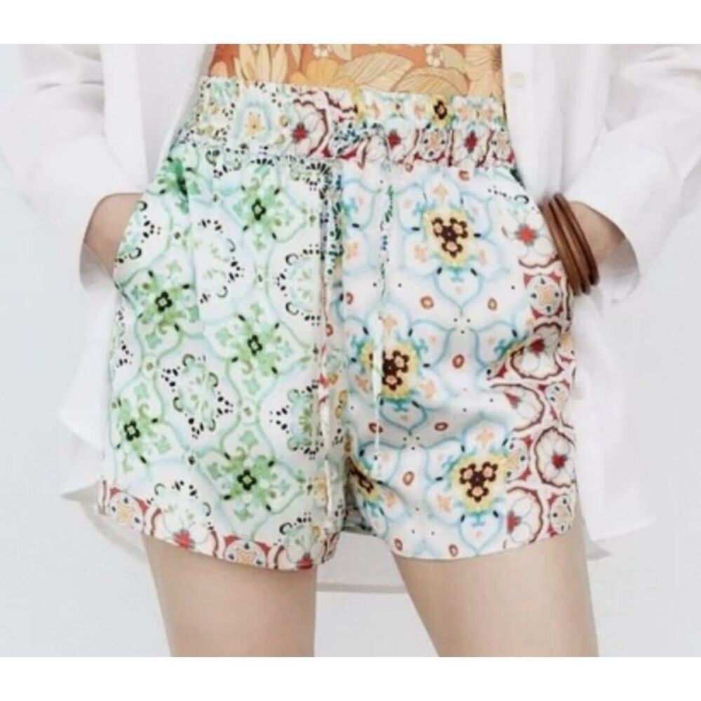 ZARA Printed Satin Shorts • Size S • Patchwork Boho Tile Print • Lightweight Sum